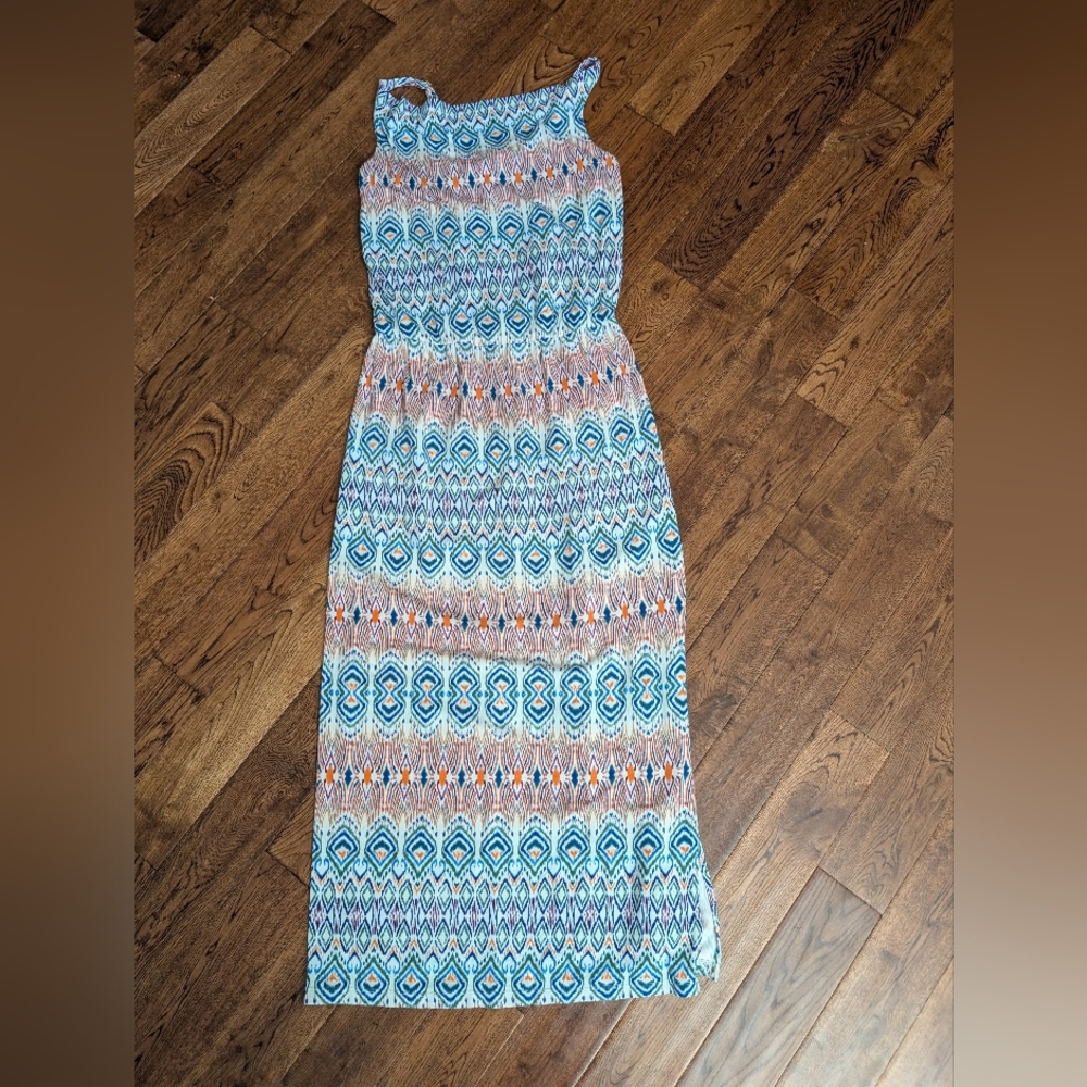 EUC CAbi Women Maxi Dress S Multi Sundress Sleeveless Long Knit Modal Blend Ikat